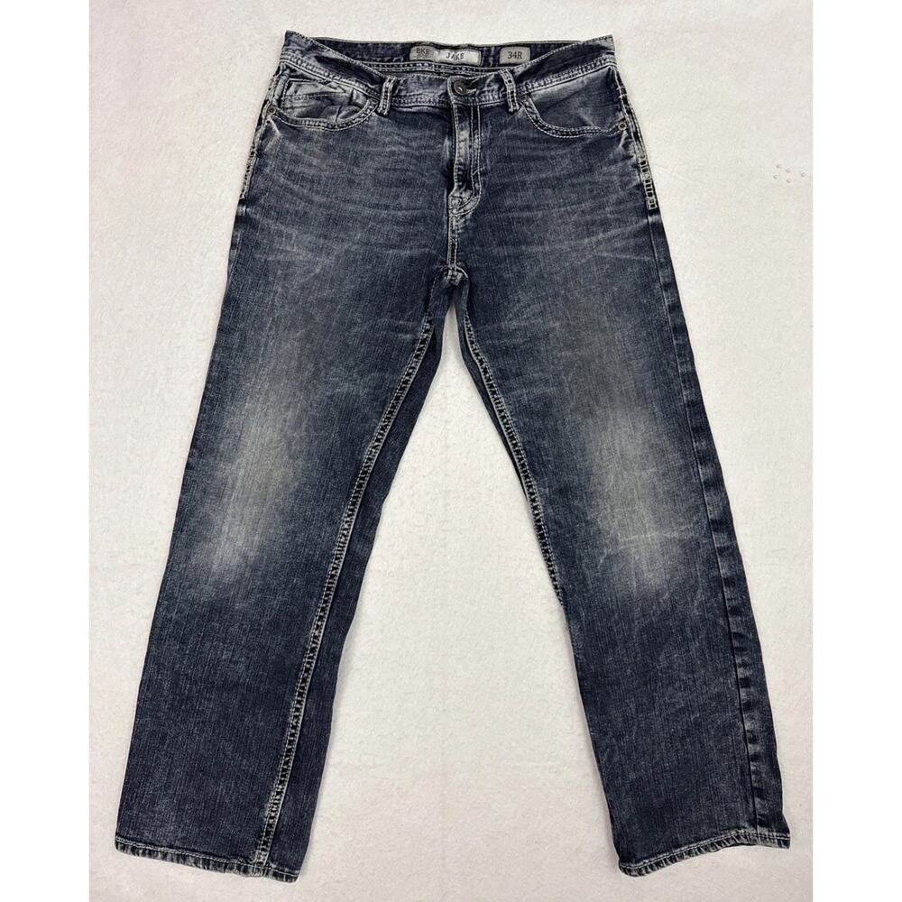 BKE Jake Jeans Mens 34R Blue Straight Leg Stretch Distressed Denim